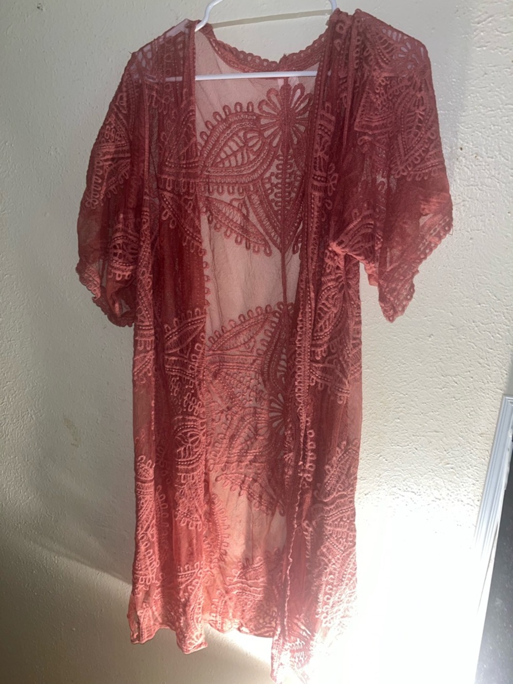 Sheer Embroidered Duster Kimono - Rust